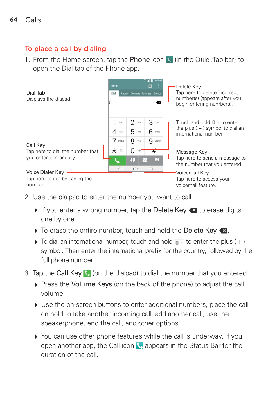 Calls to place a call by dialing | LG LGVS985 User Manual | Page 66 / 245