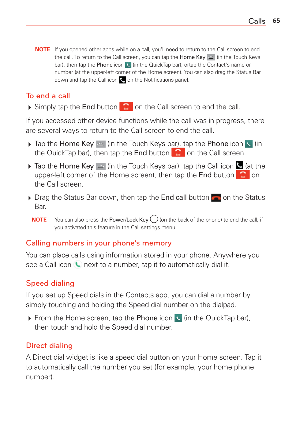 Calls, Speed dialing, Direct dialing | LG LGVS985 User Manual | Page 67 / 245