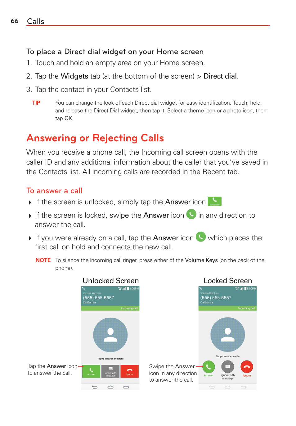 Answering or rejecting calls, Calls | LG LGVS985 User Manual | Page 68 / 245