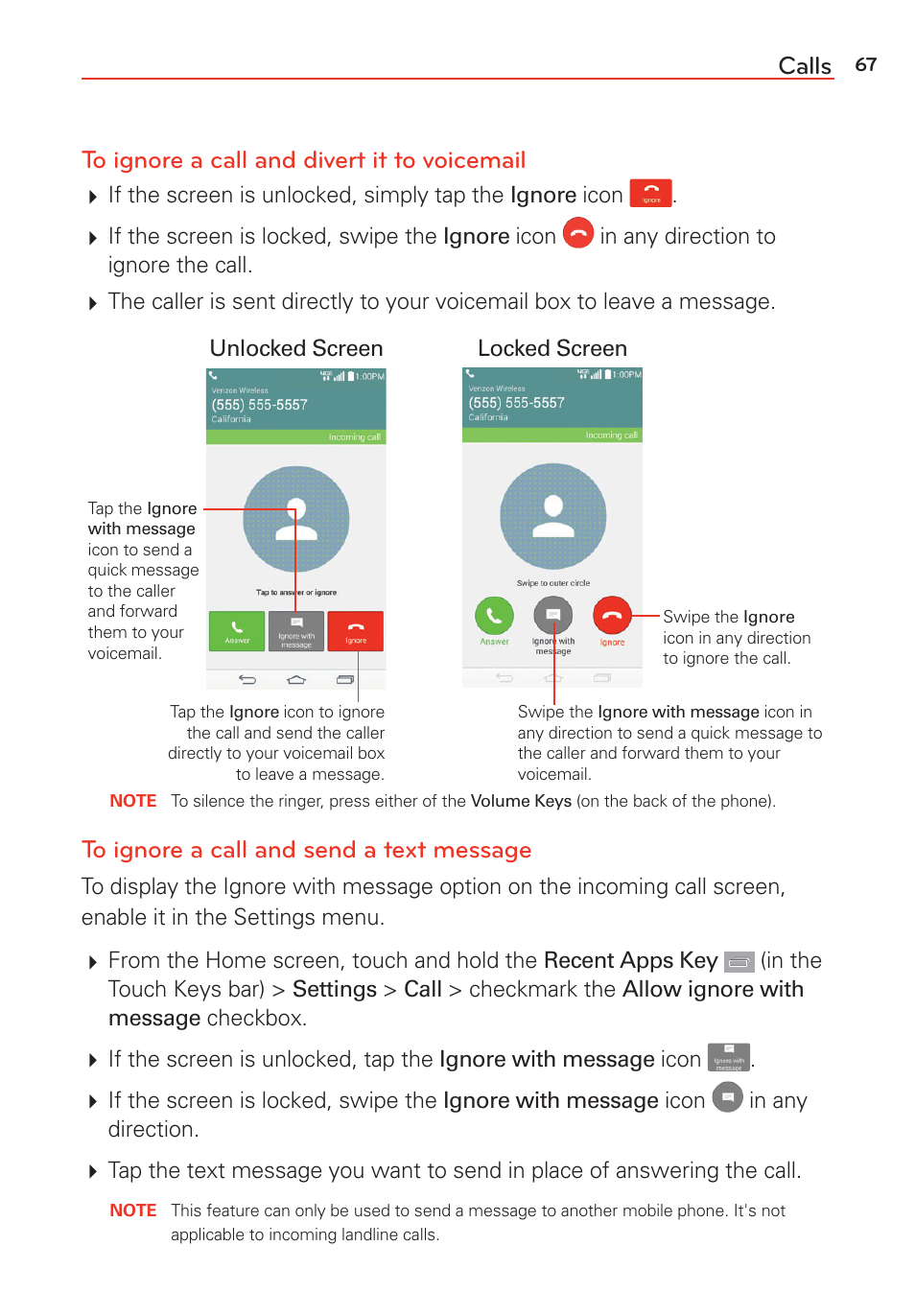 Calls to ignore a call and divert it to voicemail | LG LGVS985 User Manual | Page 69 / 245