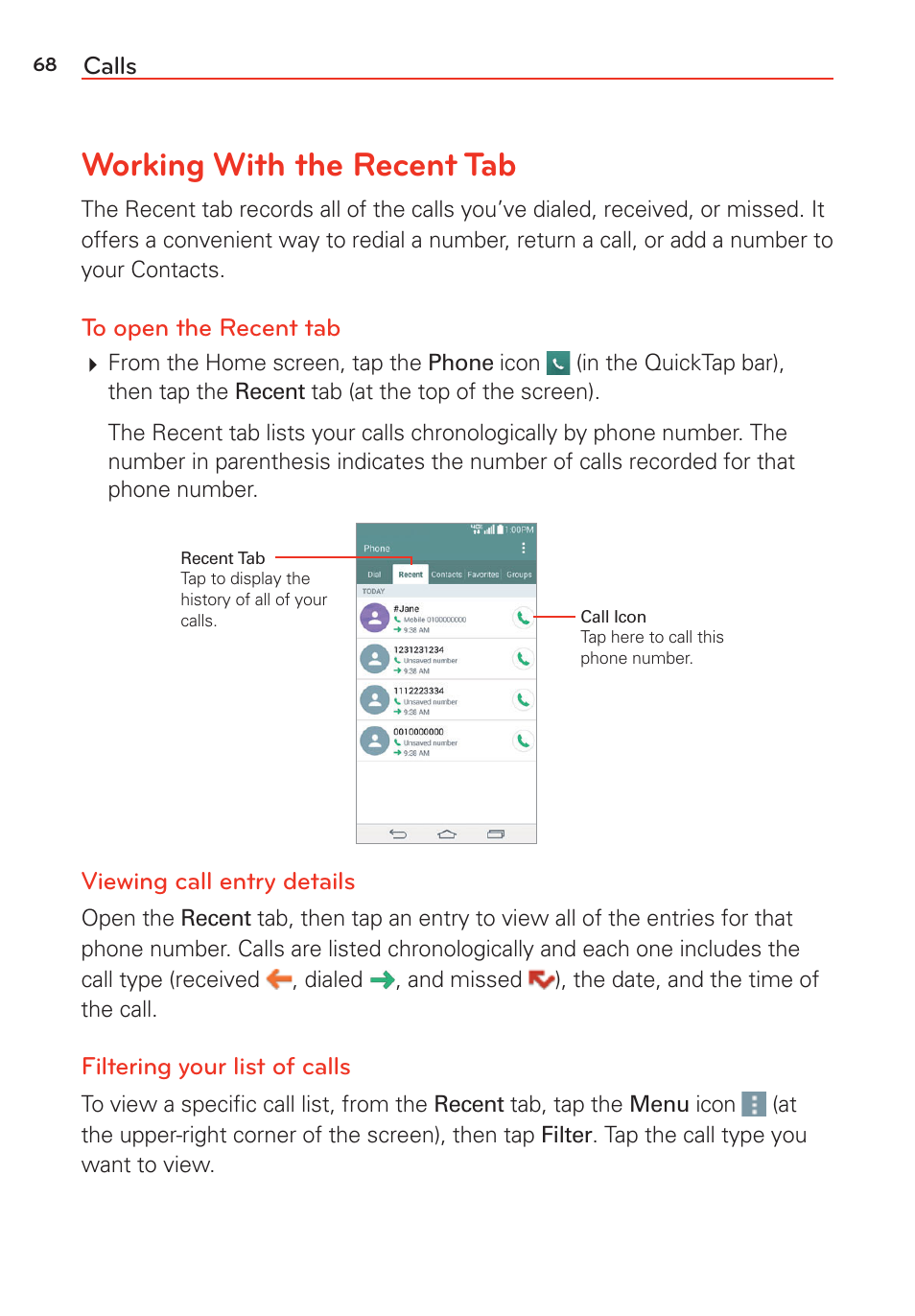 Working with the recent tab | LG LGVS985 User Manual | Page 70 / 245