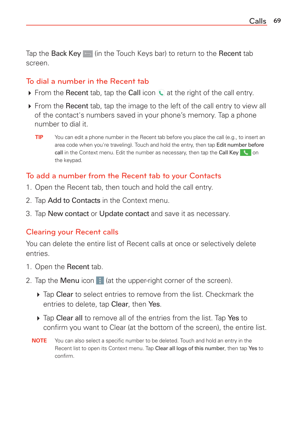 Calls, Clearing your recent calls | LG LGVS985 User Manual | Page 71 / 245