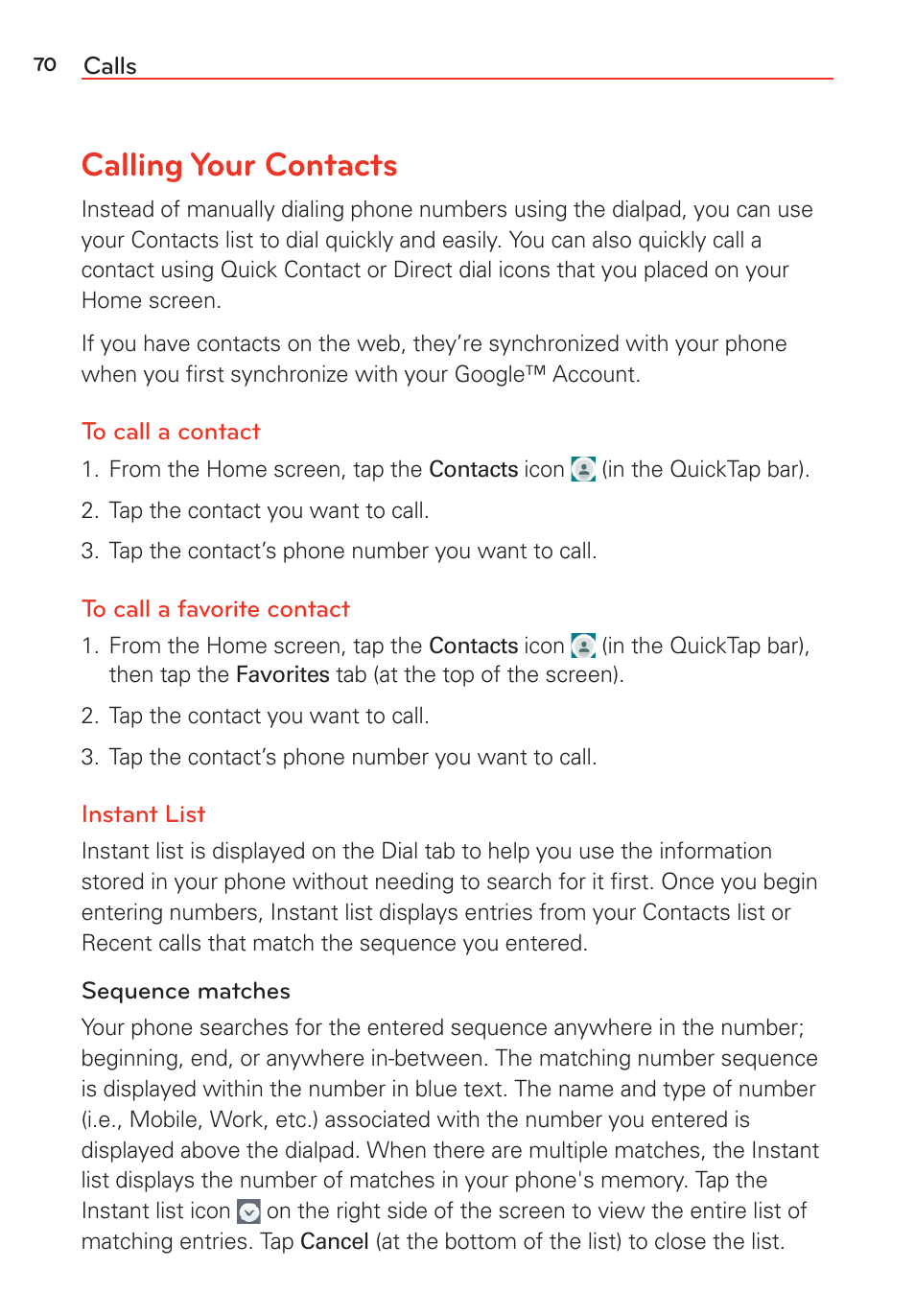 Calling your contacts | LG LGVS985 User Manual | Page 72 / 245