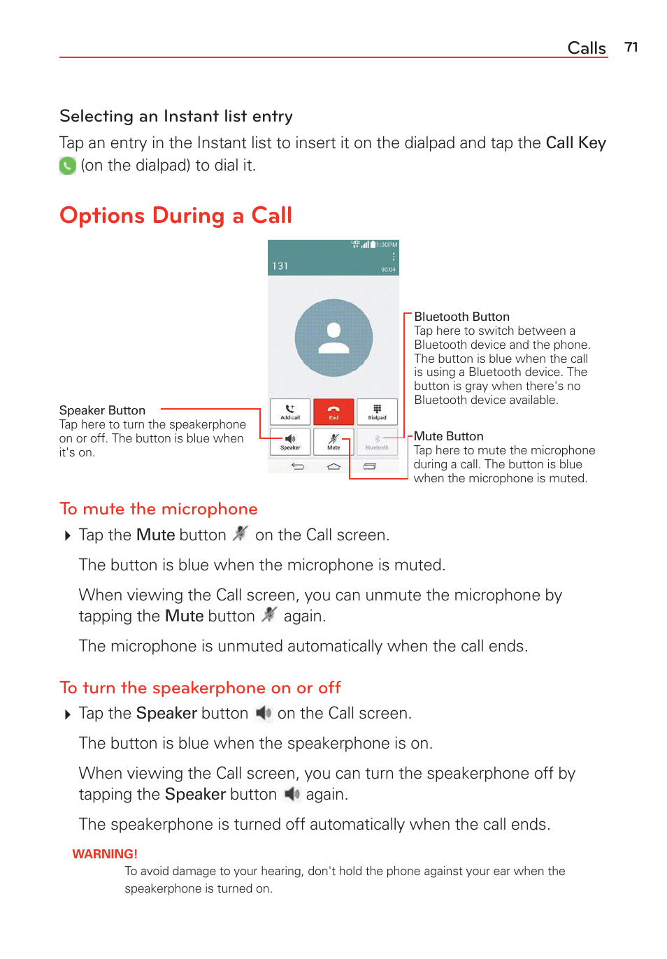 Options during a call, Calls | LG LGVS985 User Manual | Page 73 / 245