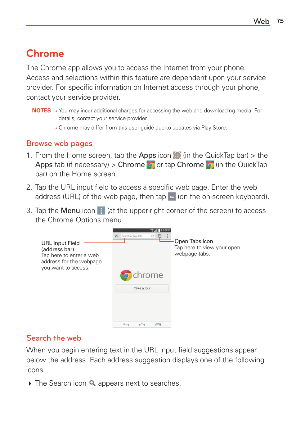 Chrome, Browse web pages, Search the web | LG LGVS985 User Manual | Page 77 / 245