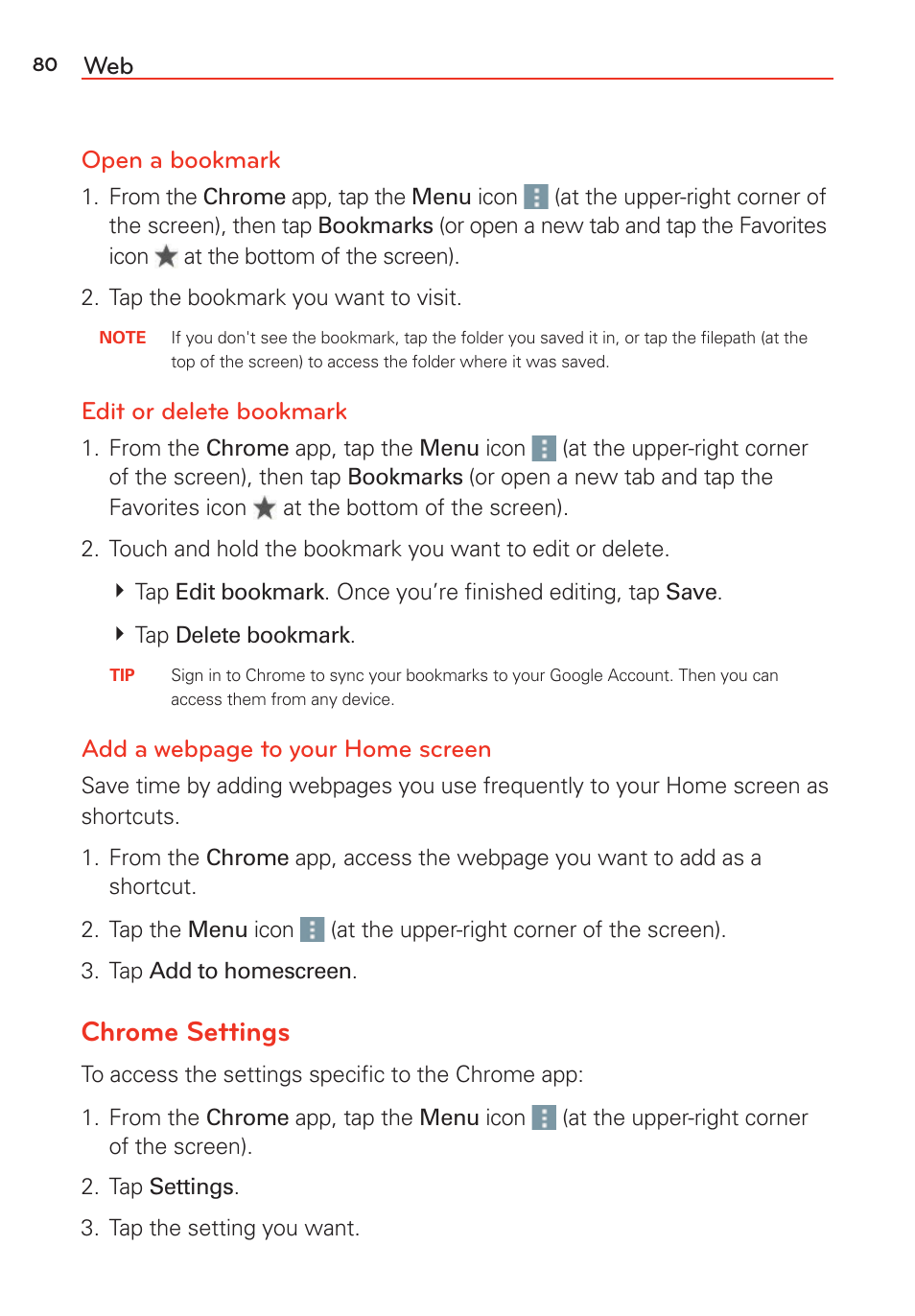 Chrome settings, Web open a bookmark, Edit or delete bookmark | Add a webpage to your home screen | LG LGVS985 User Manual | Page 82 / 245