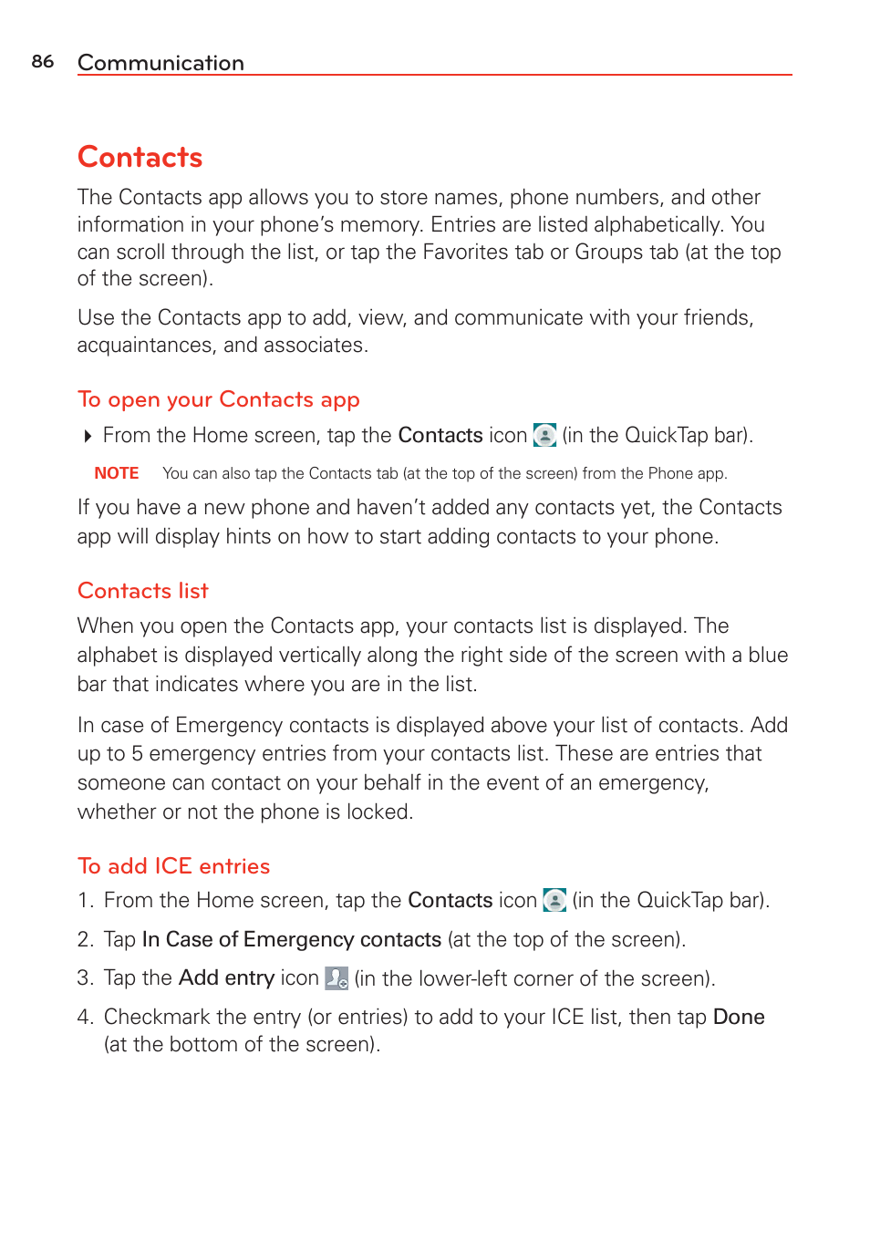 Communication, Contacts | LG LGVS985 User Manual | Page 88 / 245