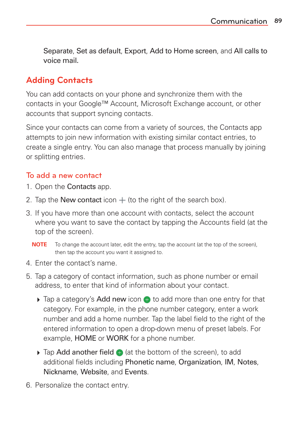 Adding contacts, Communication | LG LGVS985 User Manual | Page 91 / 245