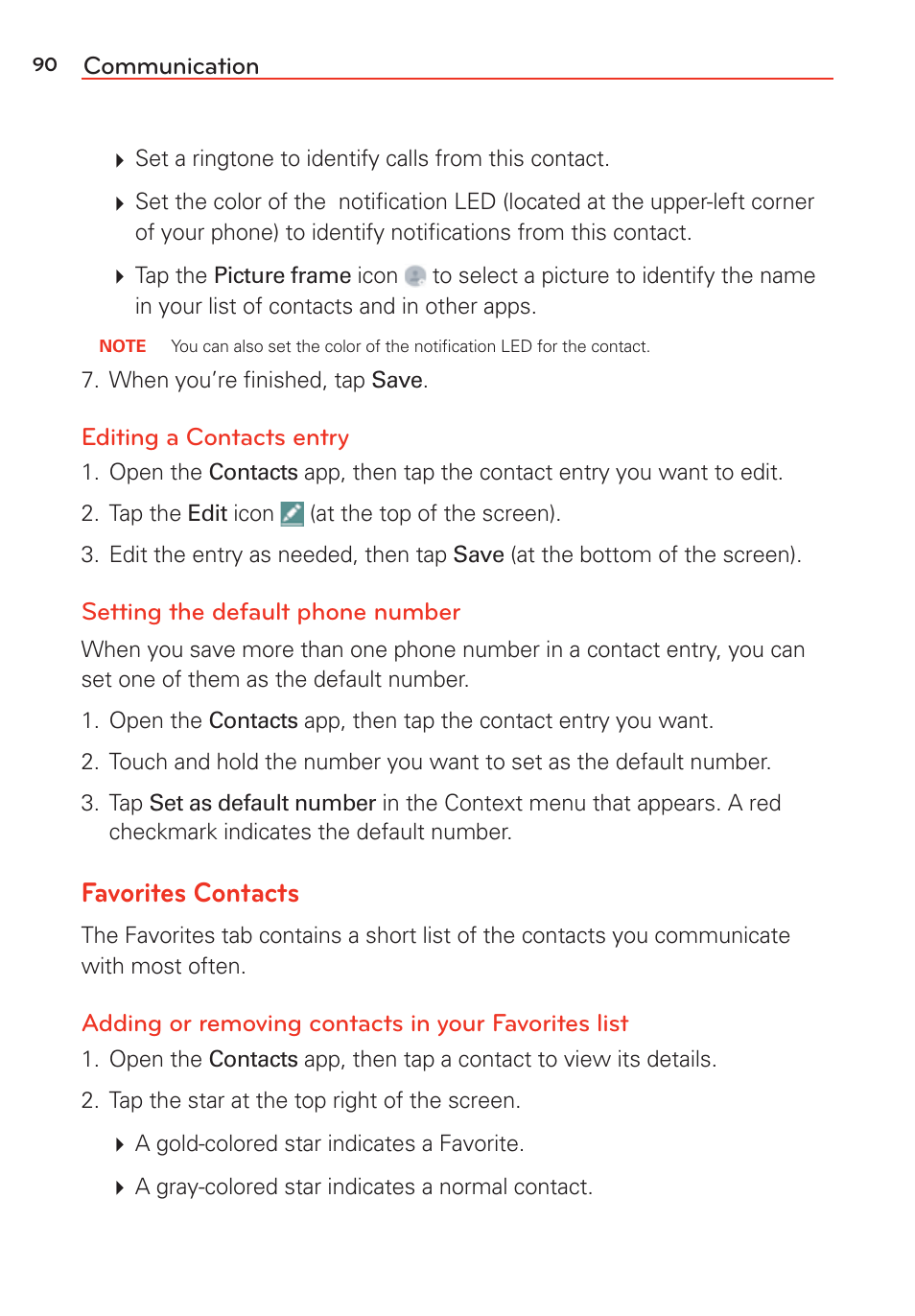 Favorites contacts | LG LGVS985 User Manual | Page 92 / 245