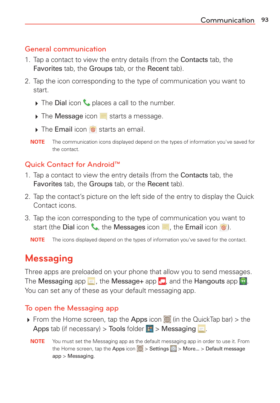 Messaging, Communication general communication, Quick contact for android | LG LGVS985 User Manual | Page 95 / 245