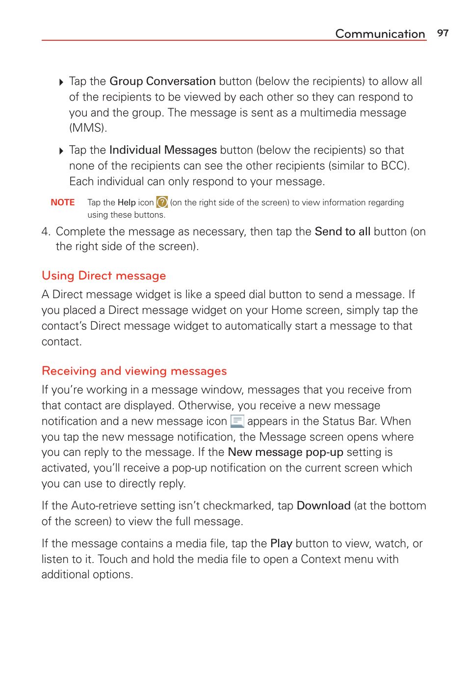 Communication, Using direct message, Receiving and viewing messages | LG LGVS985 User Manual | Page 99 / 245