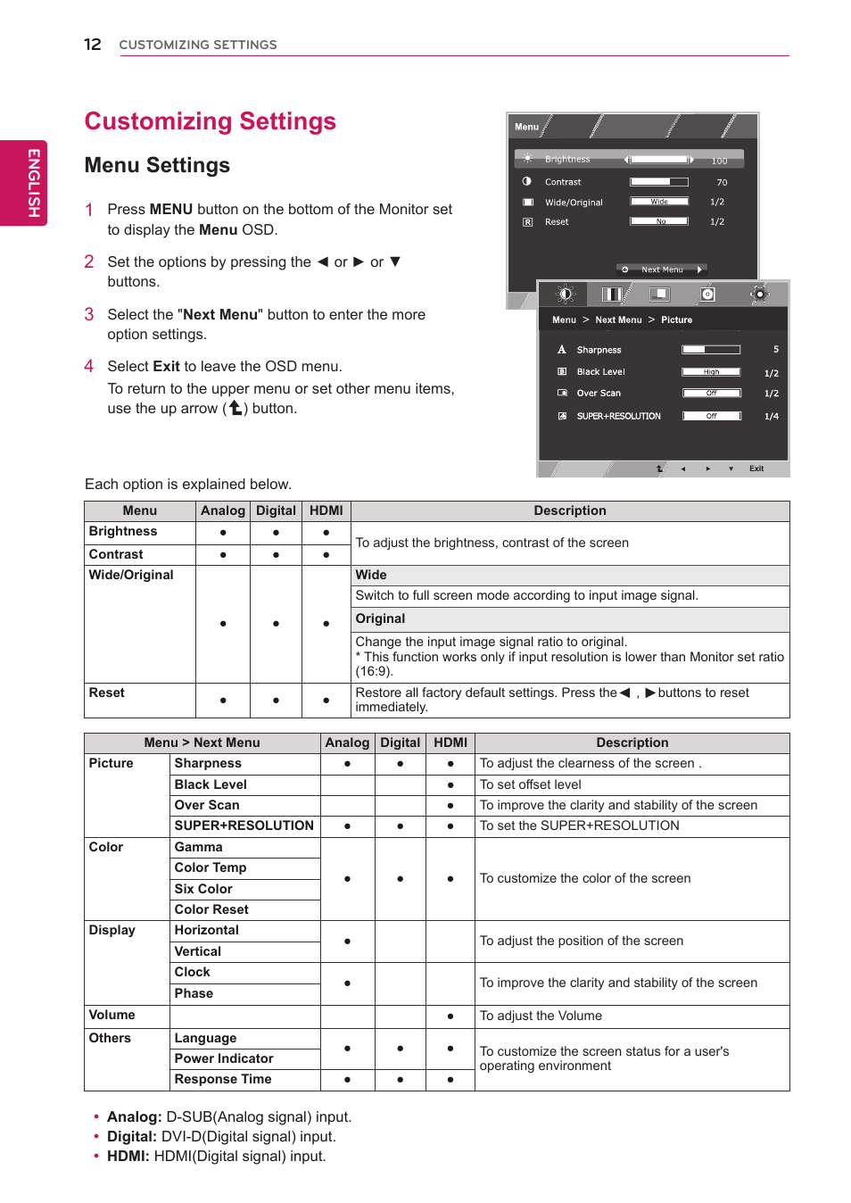 Customizing settings, Menu settings, 12 customizing settings 12 | Accesses the main menus.(see p.12) | LG 23EA63V-P User Manual | Page 12 / 29