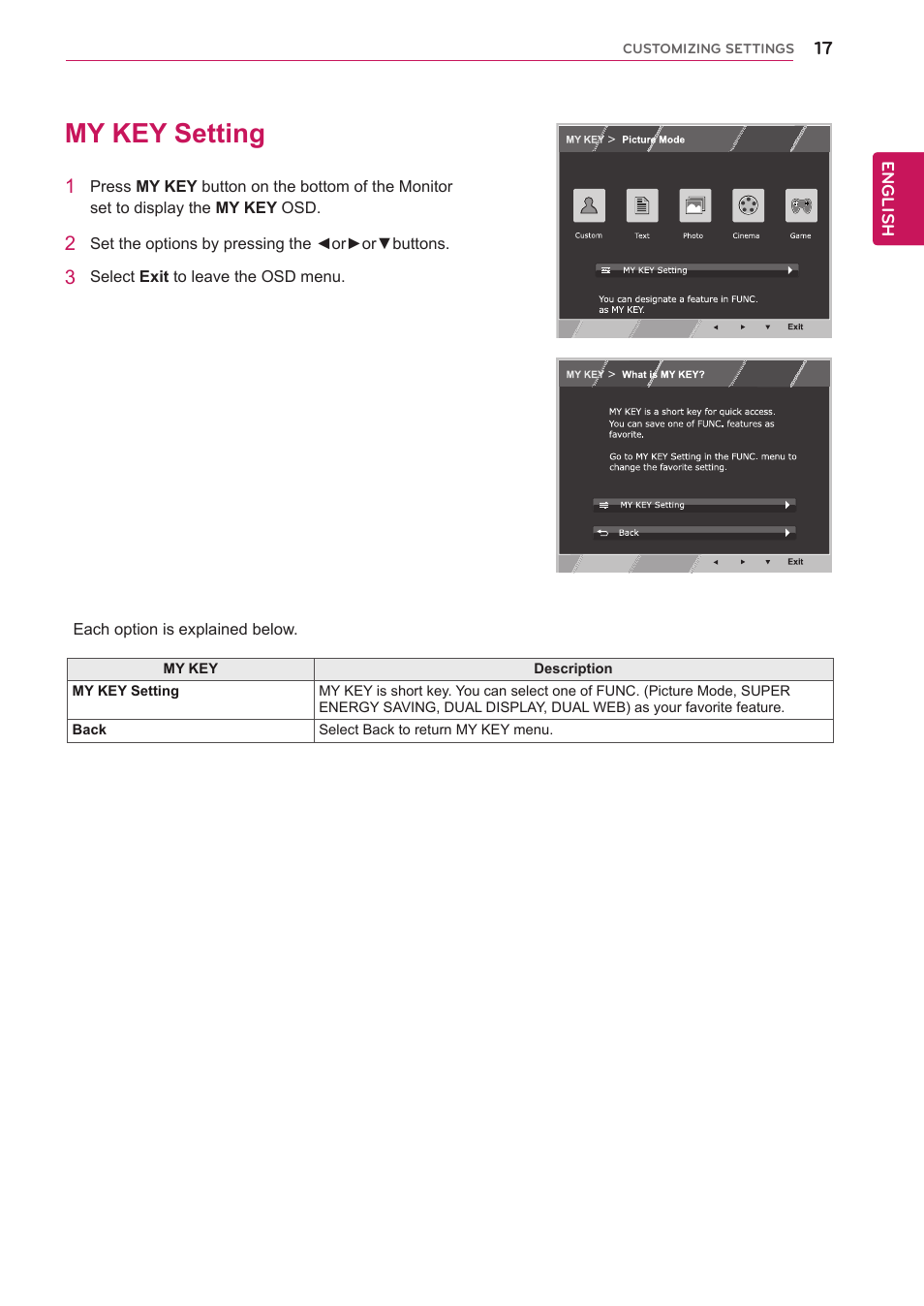 My key setting, 17 my key setting, Menu.for more information.(see p.17) | LG 23EA63V-P User Manual | Page 17 / 29