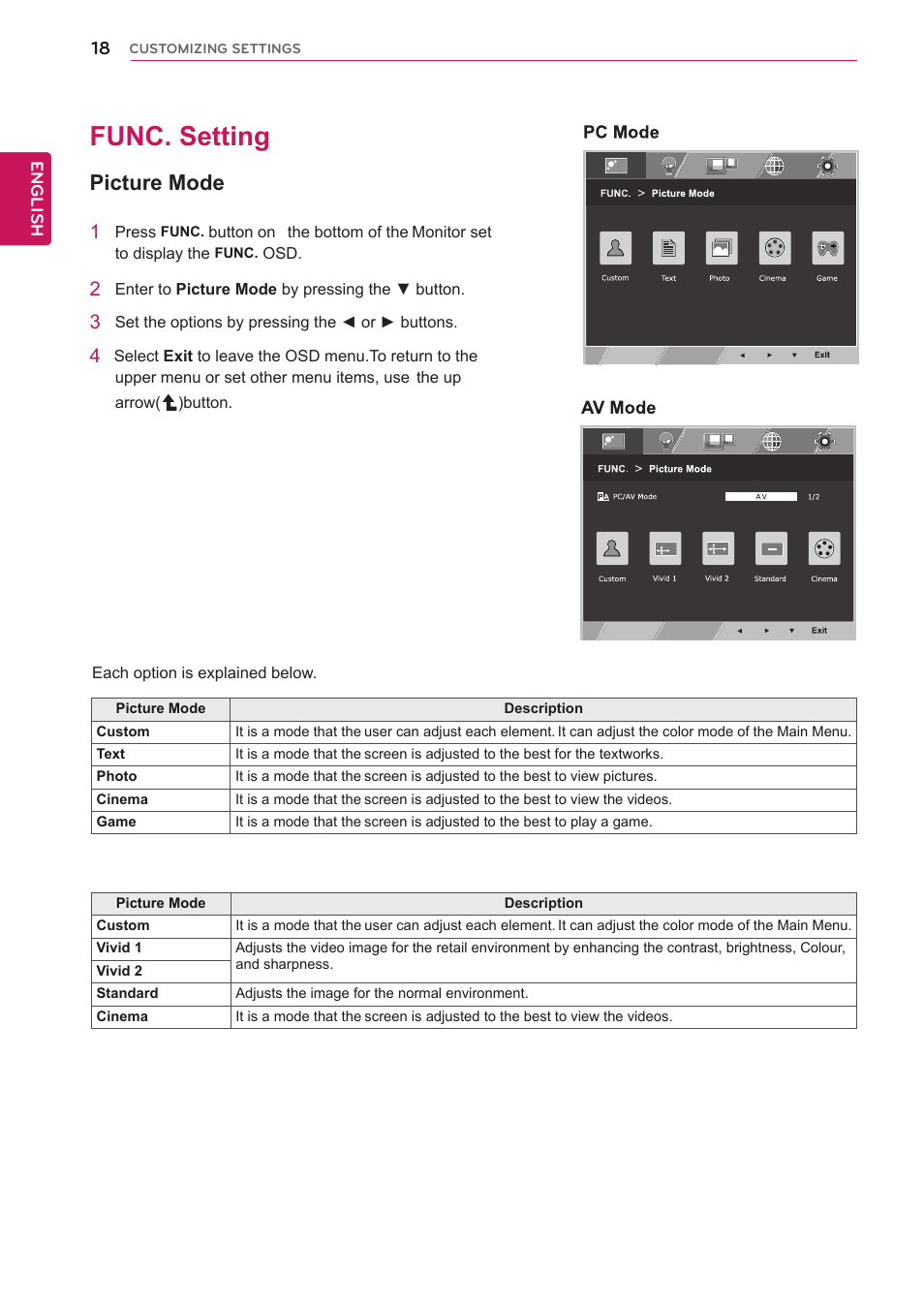 Func. setting, Picture mode, 18 func. setting 18 | See p.18 | LG 23EA63V-P User Manual | Page 18 / 29