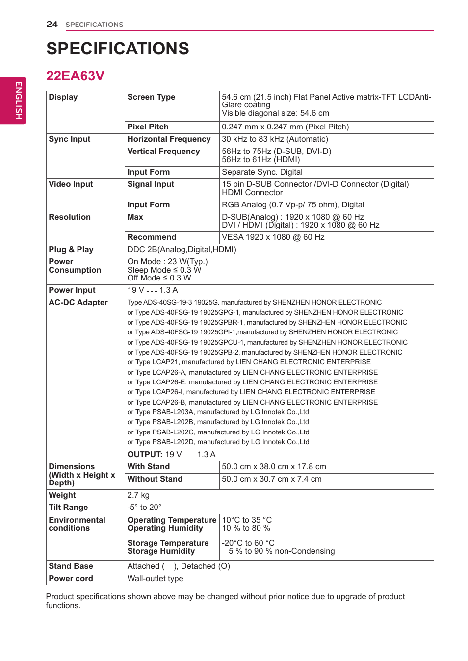 Specifications, 22ea63v, 24 22ea63v | LG 23EA63V-P User Manual | Page 24 / 29