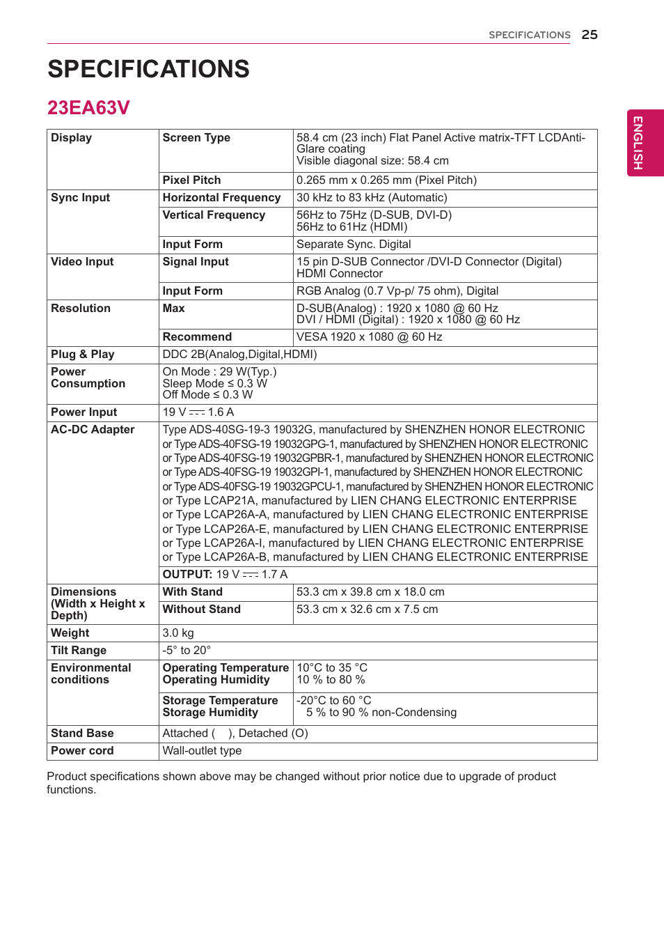 23ea63v, 25 23ea63v, Specifications | LG 23EA63V-P User Manual | Page 25 / 29