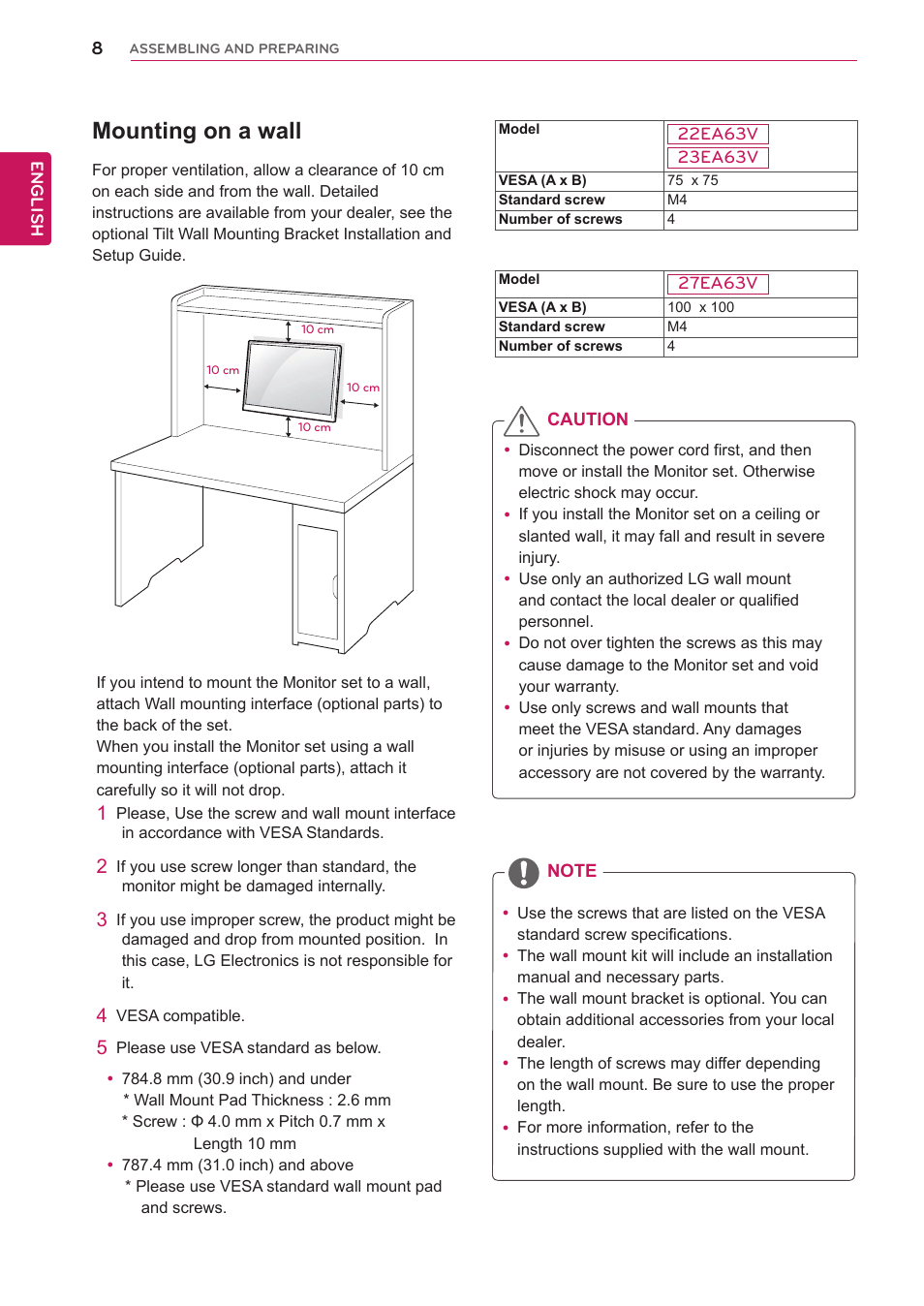 Mounting on a wall | LG 23EA63V-P User Manual | Page 8 / 29