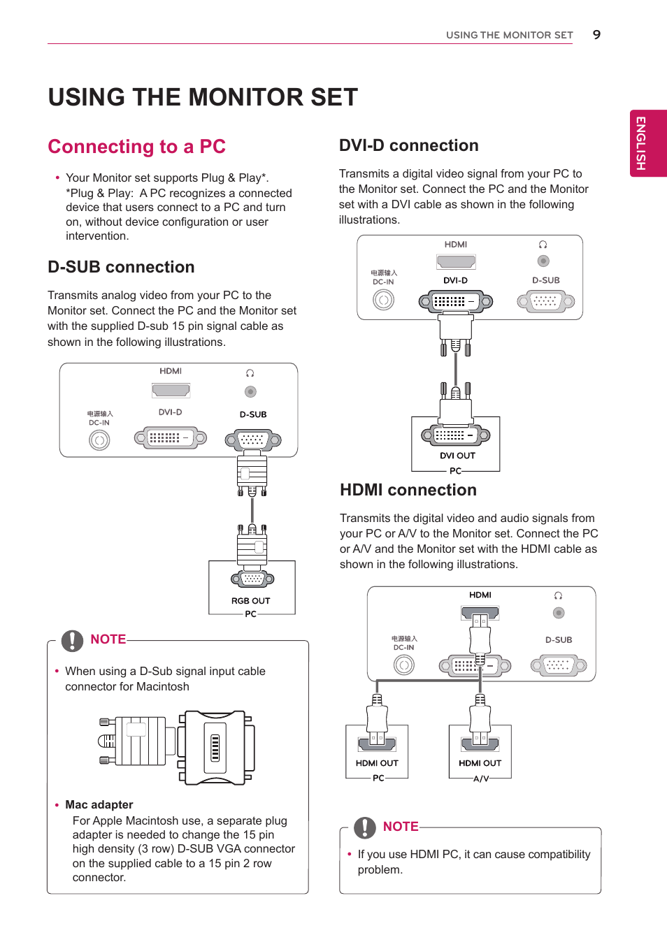 Using the monitor set, Connecting to a pc, D-sub connection | Dvi-d connection, Hdmi connection | LG 23EA63V-P User Manual | Page 9 / 29