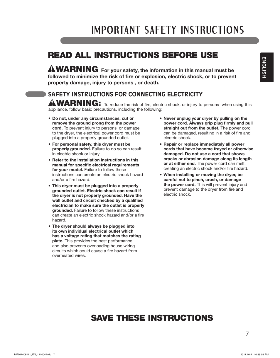 Save these instructions, Wwarning, Read all instructions before use w warning | Safety instructions for connecting electricity | LG DLEX2655V User Manual | Page 7 / 100