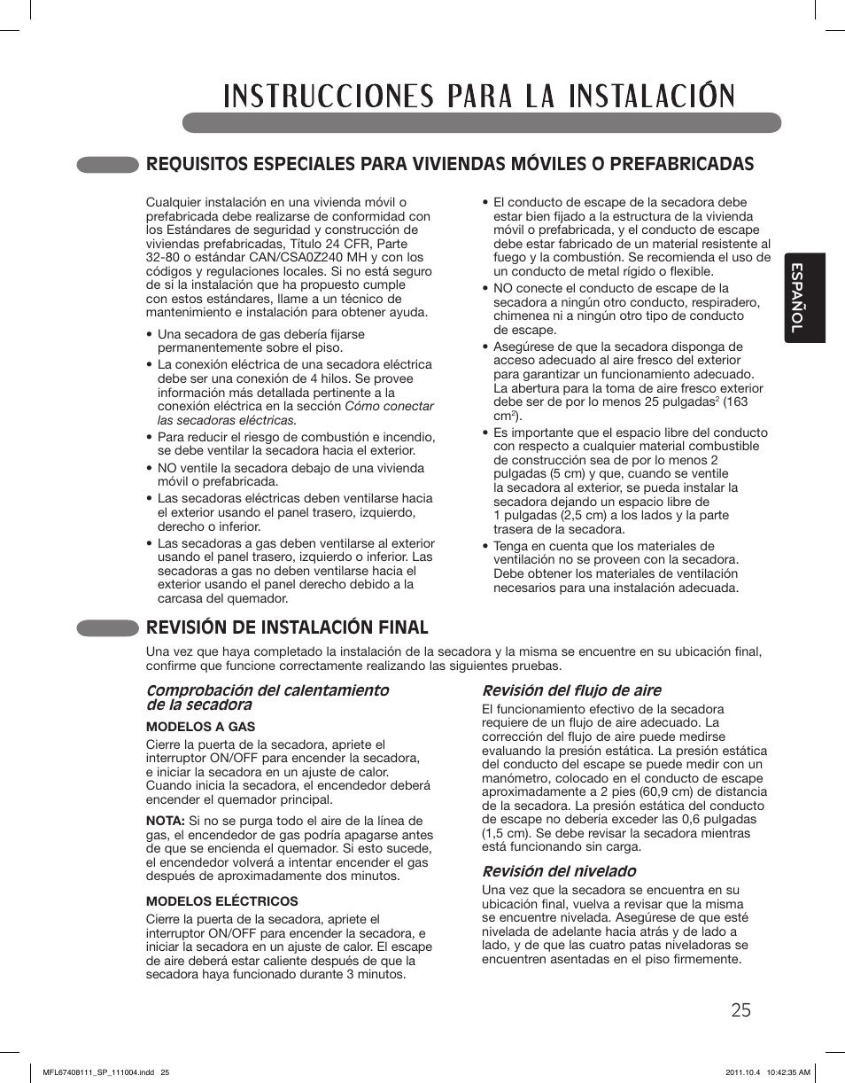 Revisión de instalación final | LG DLEX2655V User Manual | Page 73 / 100