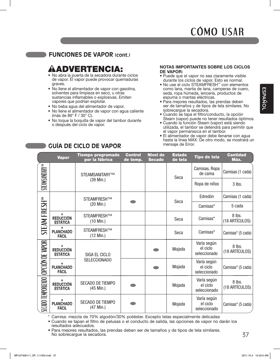 Wadvertencia, Funciones de vapor, Guía de ciclo de vapor | LG DLEX2655V User Manual | Page 85 / 100