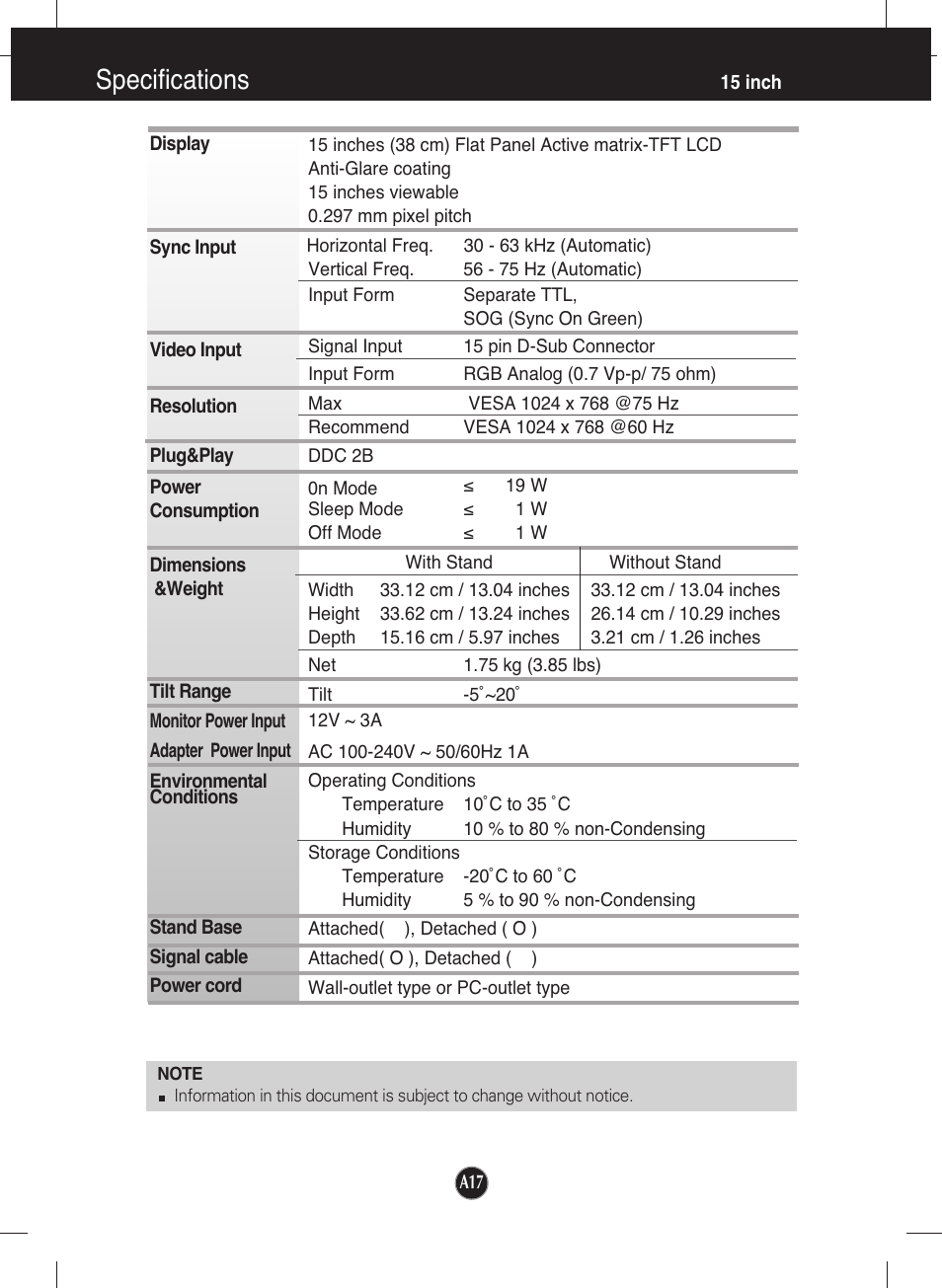Specifications, Specifications 15 inch | LG L1553S-SF User Manual | Page 18 / 21