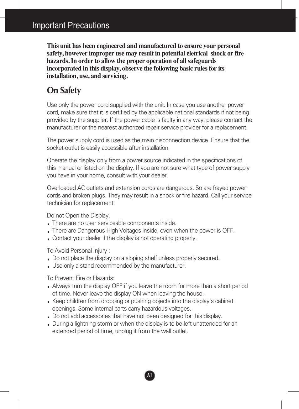 Important precautions, On safety | LG L1553S-SF User Manual | Page 2 / 21