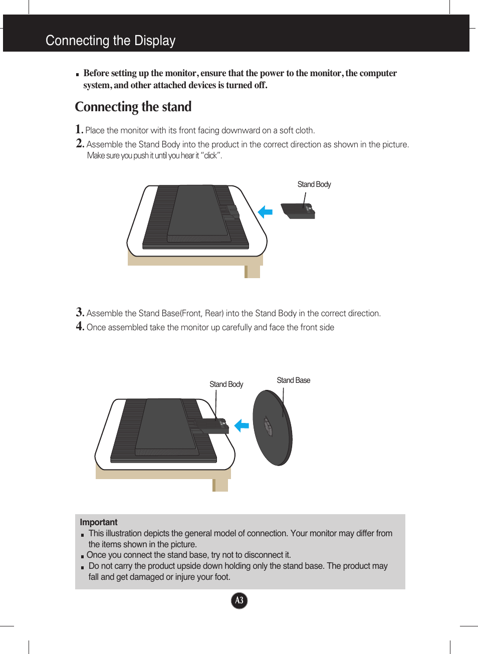 Connecting the display, Connecting the stand | LG L1553S-SF User Manual | Page 4 / 21