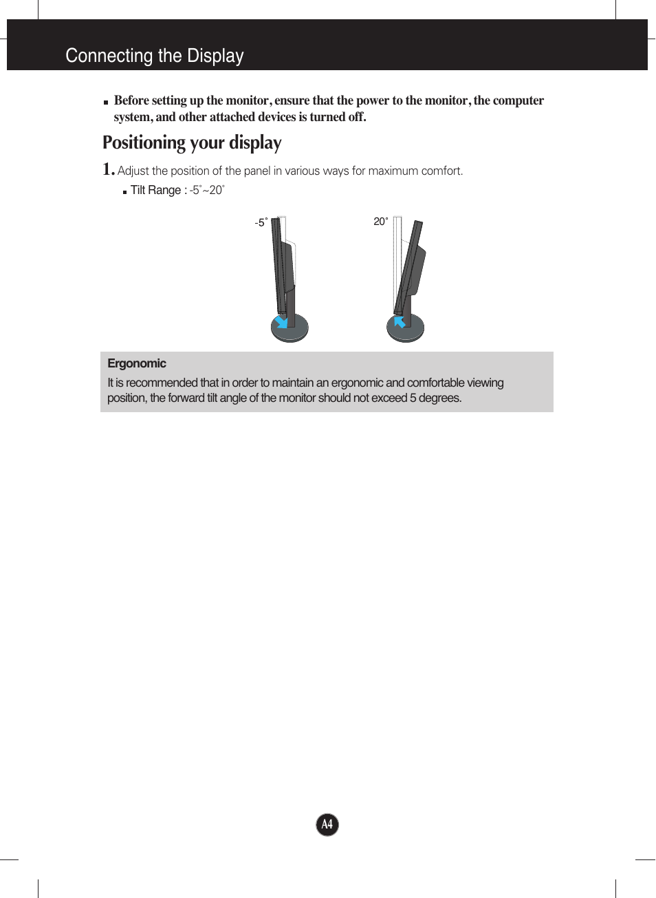 Positioning your display, Connecting the display | LG L1553S-SF User Manual | Page 5 / 21
