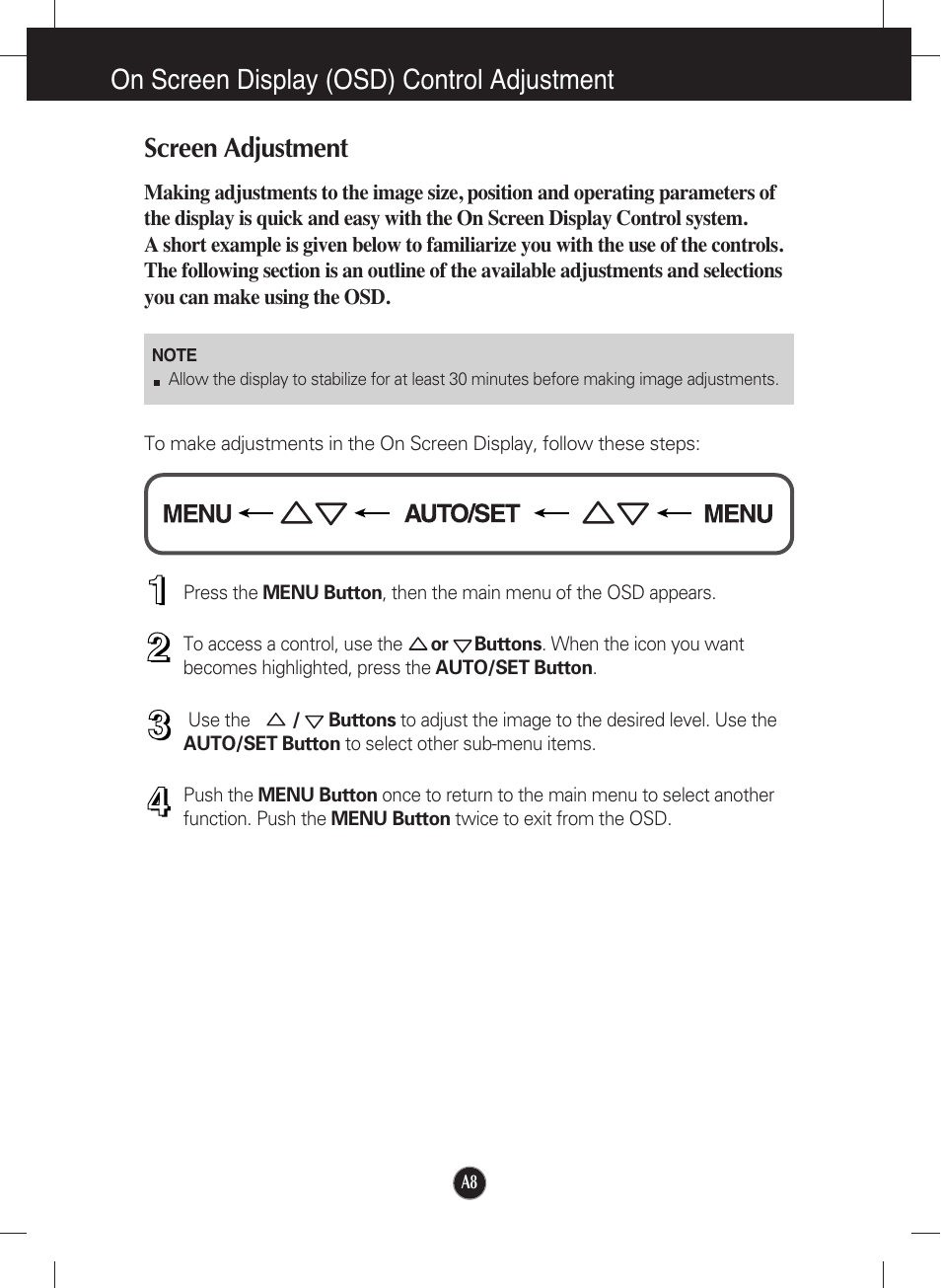 On screen display (osd) control adjustment, Screen adjustment | LG L1553S-SF User Manual | Page 9 / 21