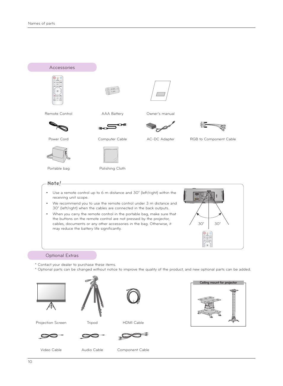 Accessories, Optional extras | LG HX301G User Manual | Page 10 / 44