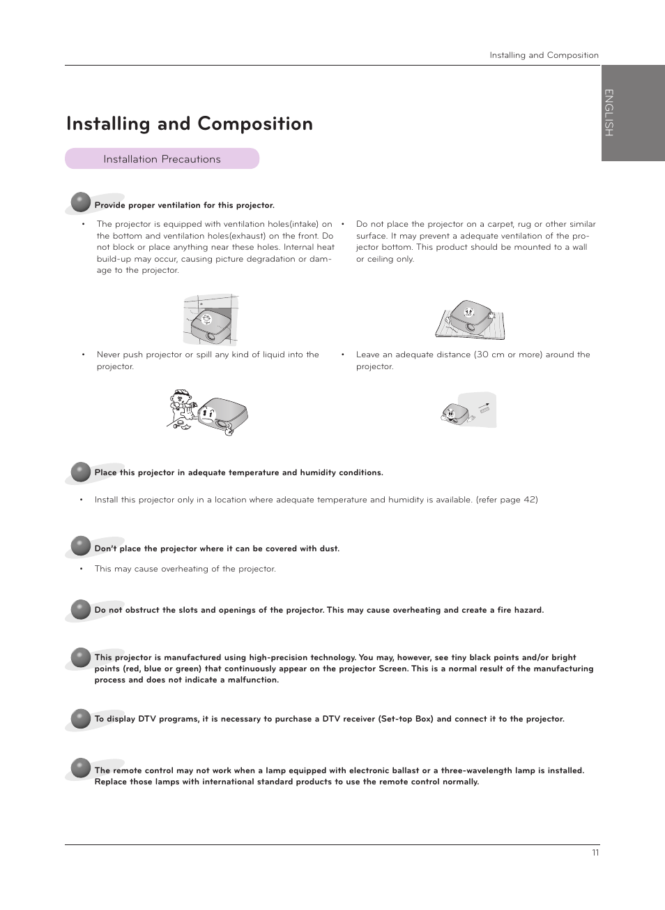 Installing and composition, Installation precautions | LG HX301G User Manual | Page 11 / 44