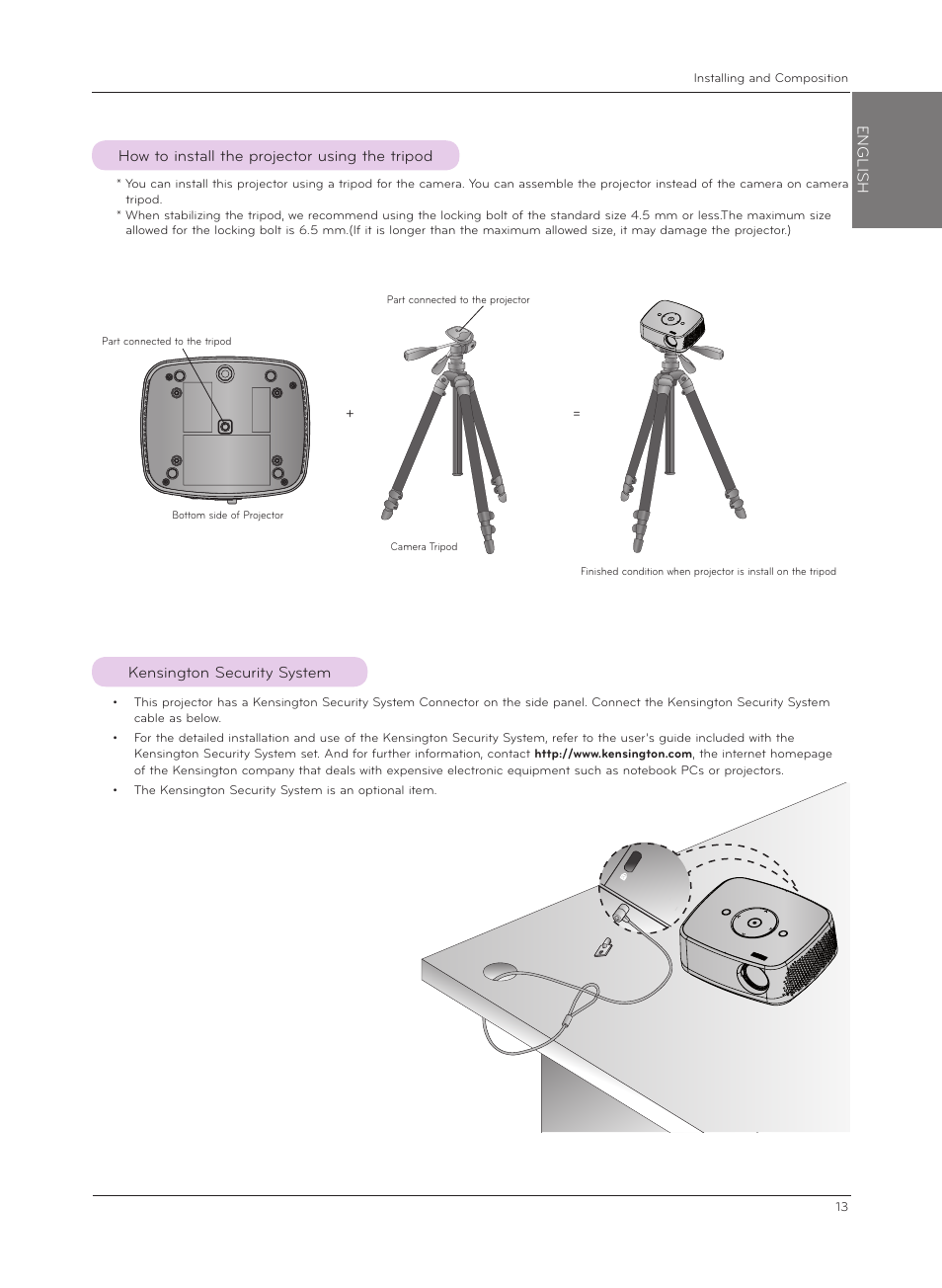 How to install the projector using the tripod, Kensington security system | LG HX301G User Manual | Page 13 / 44