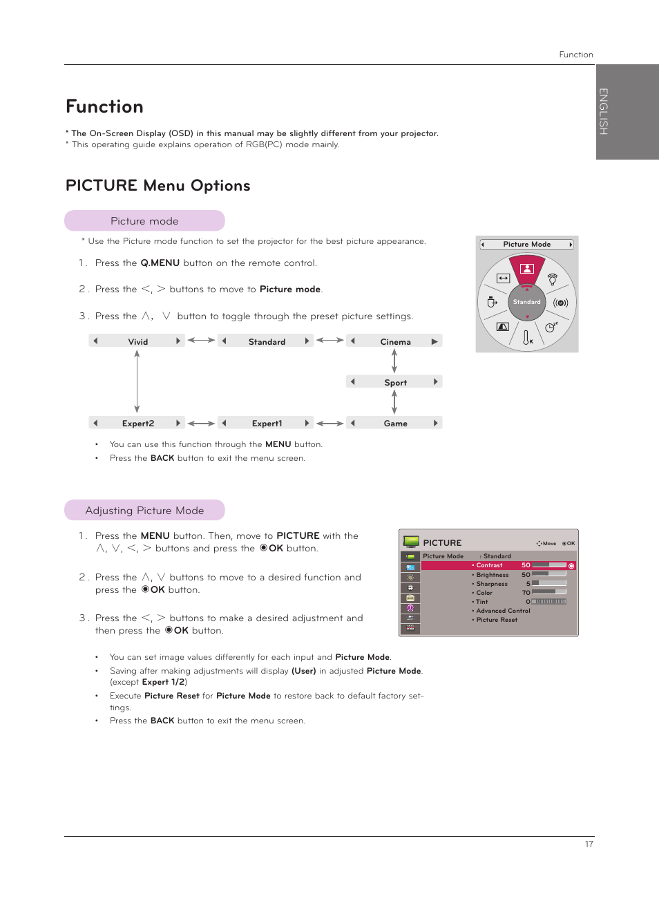 Function, Picture menu options, Picture mode | Adjusting picture mode, English | LG HX301G User Manual | Page 17 / 44