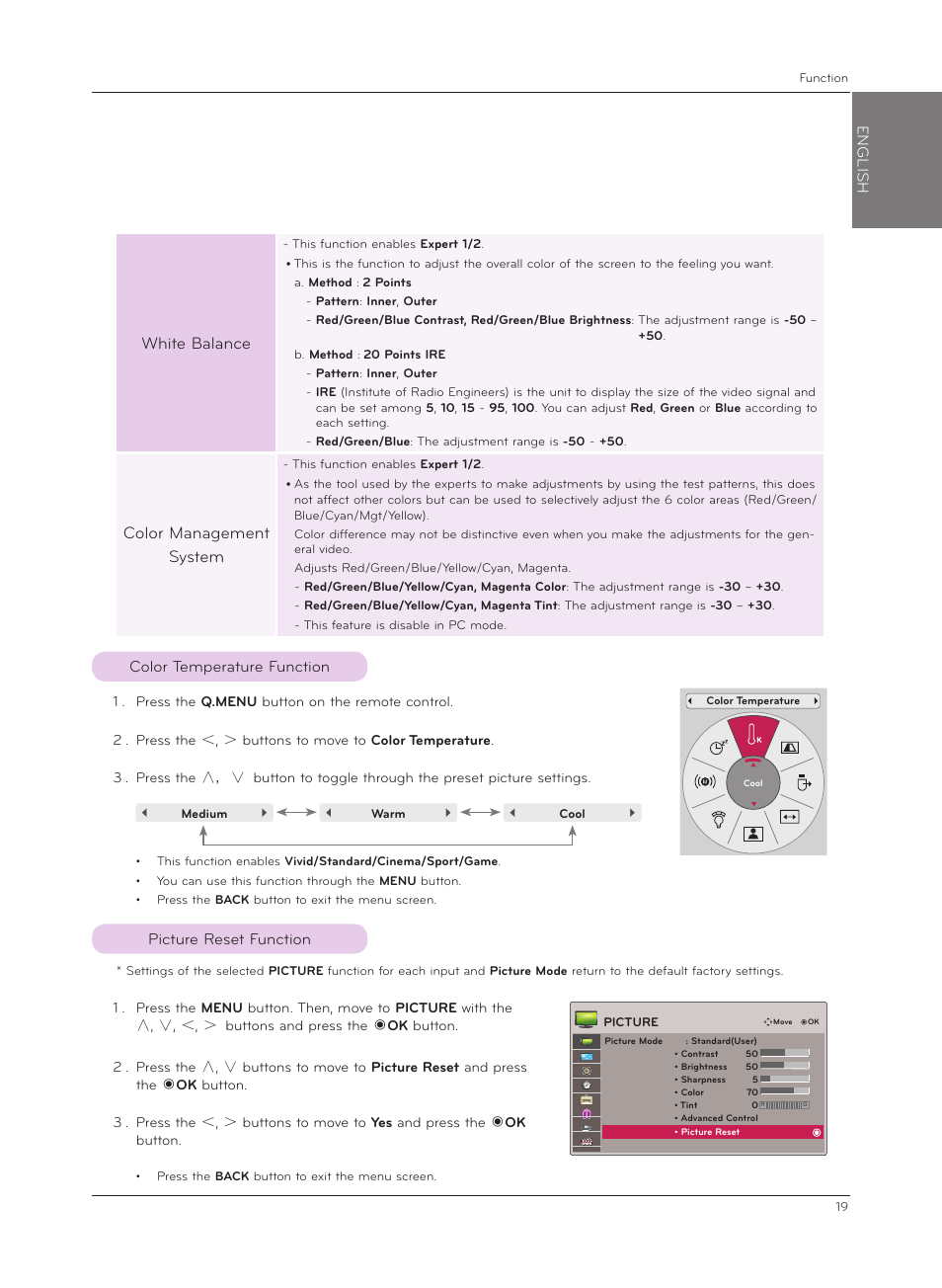 Color temperature function, Picture reset function, White balance | Color management system, English | LG HX301G User Manual | Page 19 / 44