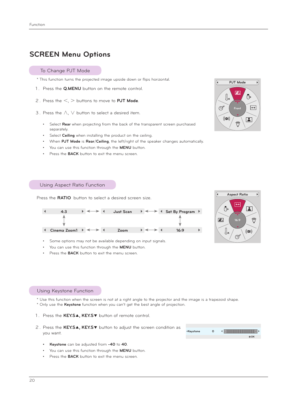 Screen menu options, To change pjt mode, Using aspect ratio function | Using keystone function | LG HX301G User Manual | Page 20 / 44