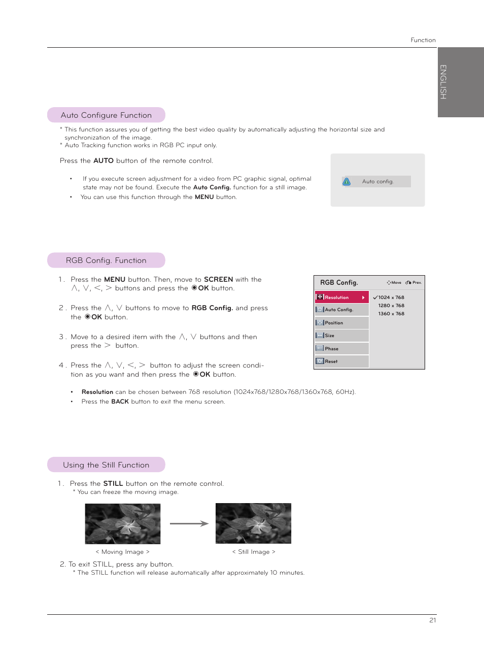 Auto configure function, Rgb config. function, Using the still function | LG HX301G User Manual | Page 21 / 44