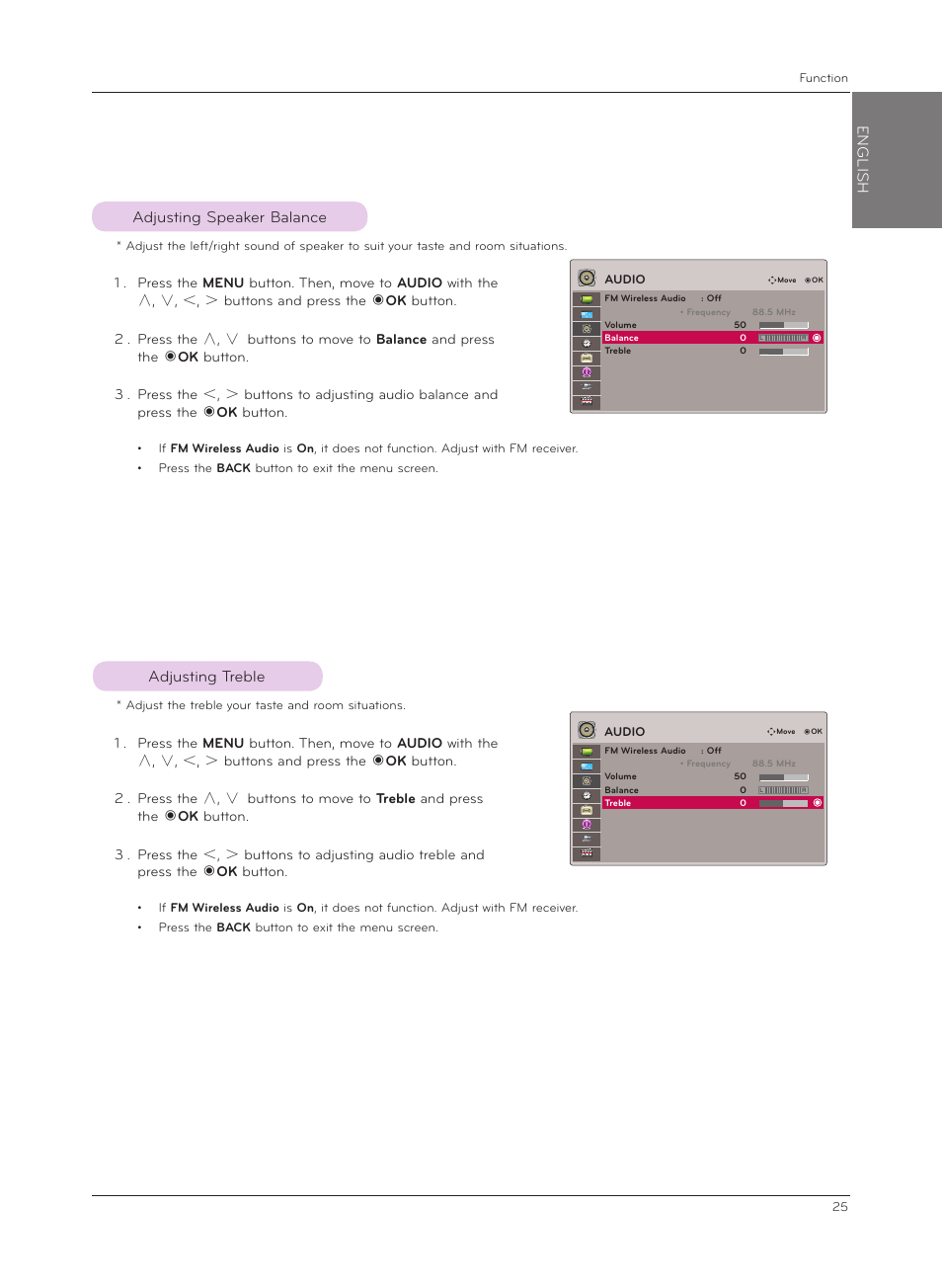 Adjusting speaker balance, Adjusting treble, English | Adjusting speaker balance adjusting treble | LG HX301G User Manual | Page 25 / 44