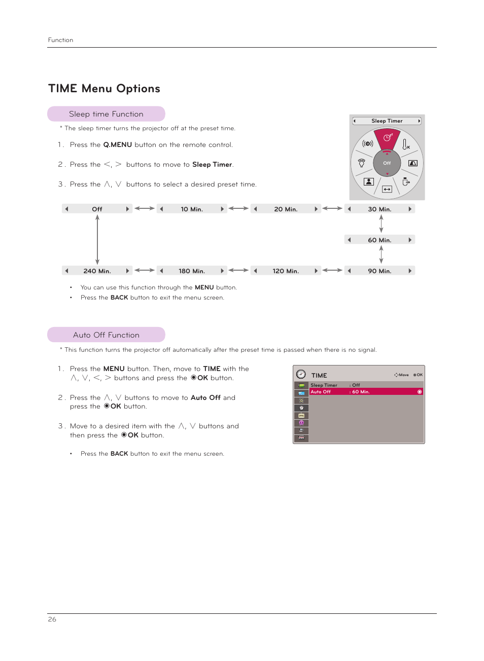 Time menu options, Sleep time function, Auto off function | LG HX301G User Manual | Page 26 / 44
