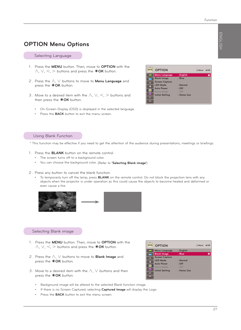 Option menu options, Selecting language, Using blank function | Selecting blank image, English | LG HX301G User Manual | Page 27 / 44