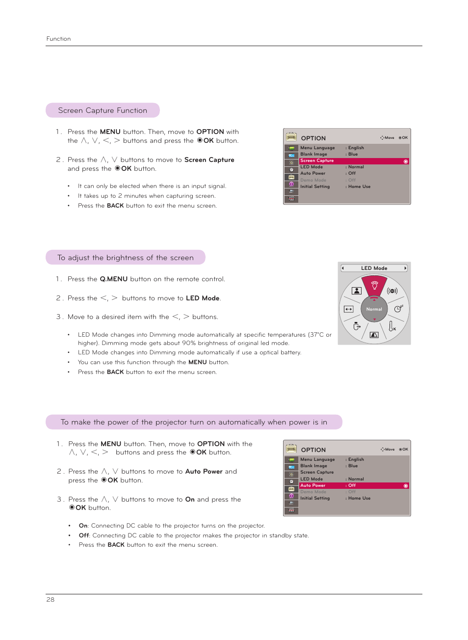 Screen capture function, To adjust the brightness of the screen, When power is in | LG HX301G User Manual | Page 28 / 44