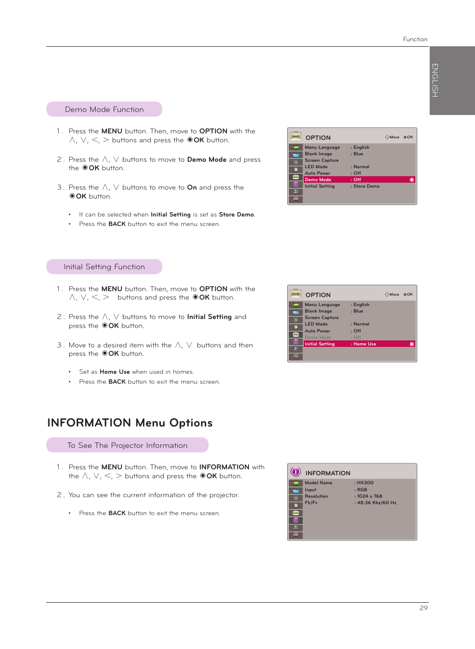 Demo mode function, Initial setting function, Information menu options | To see the projector information, English, Initial setting function demo mode function | LG HX301G User Manual | Page 29 / 44