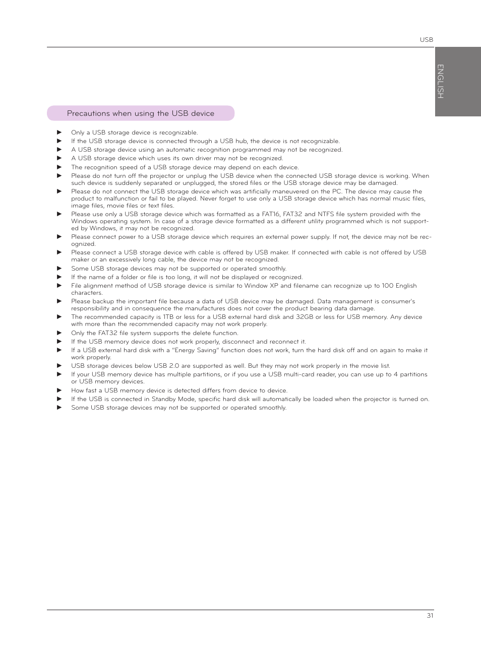Precautions when using the usb device | LG HX301G User Manual | Page 31 / 44
