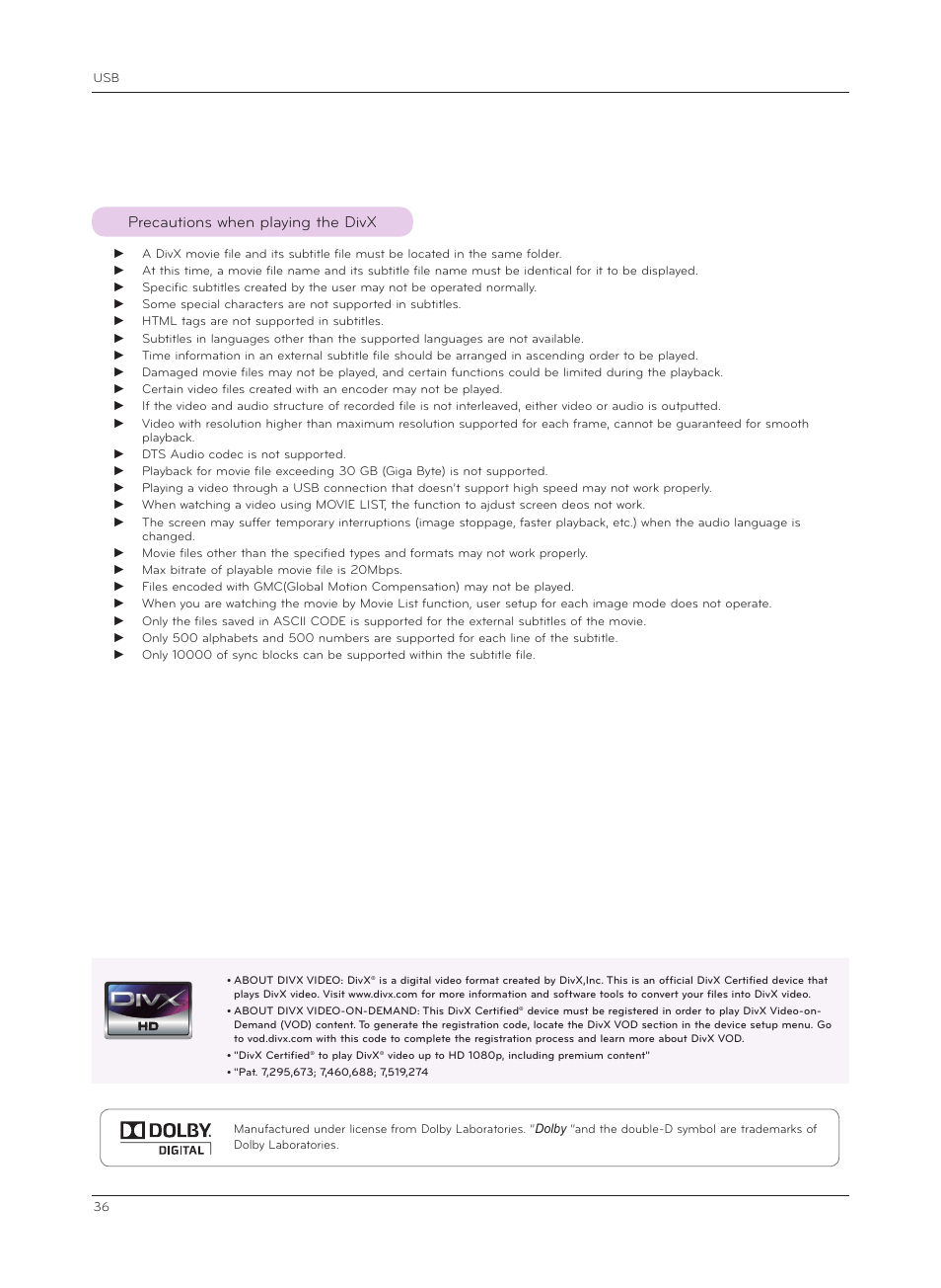 Precautions when playing the divx | LG HX301G User Manual | Page 36 / 44