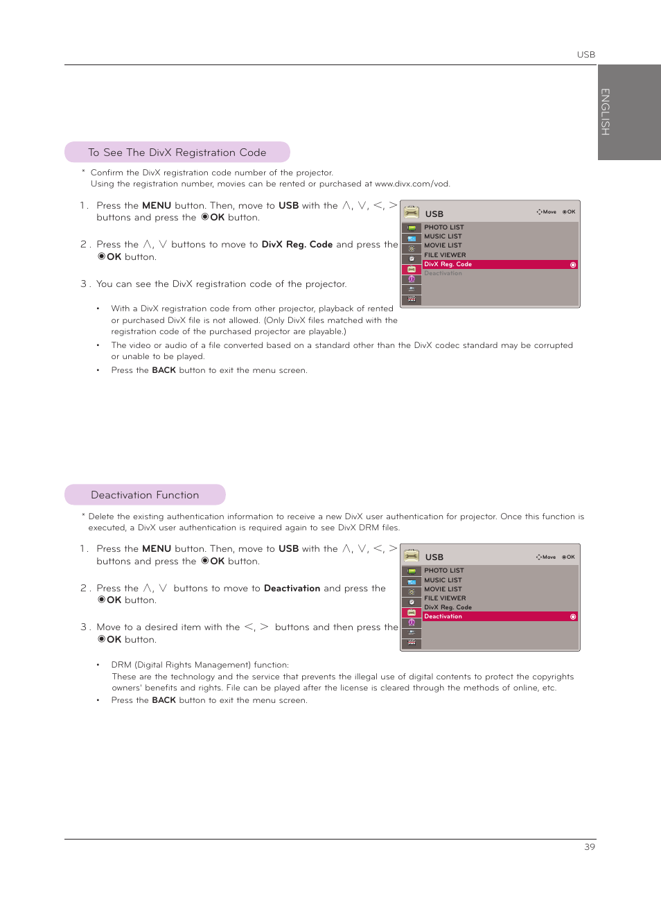To see the divx registration code, Deactivation function | LG HX301G User Manual | Page 39 / 44