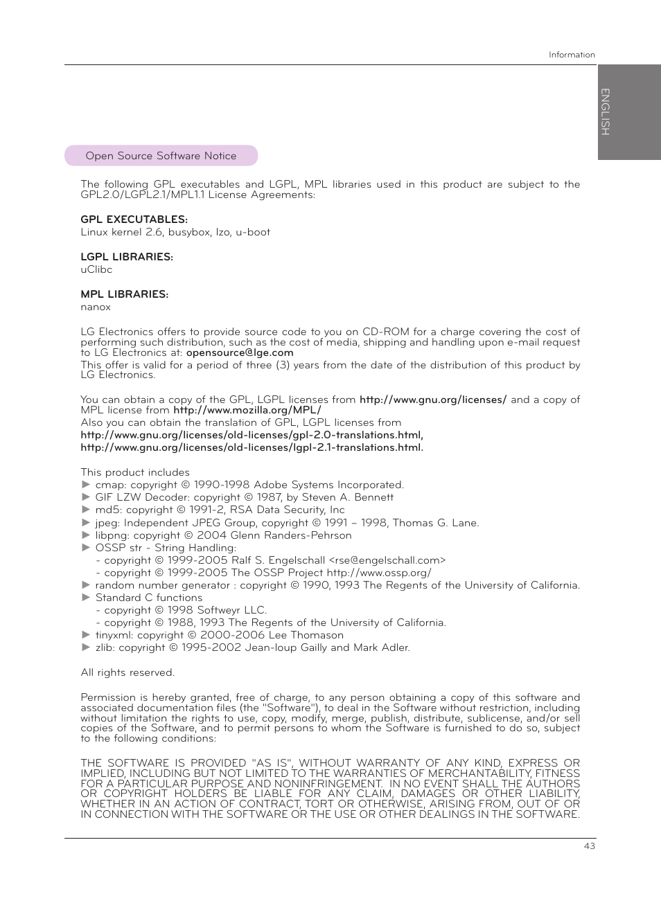 Open source software notice | LG HX301G User Manual | Page 43 / 44
