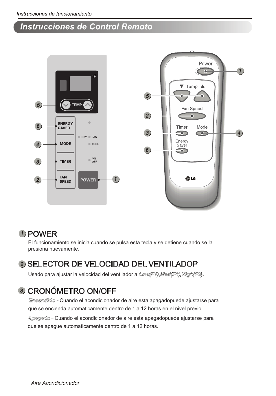 Т³гж 41, Power, Selector de velocidad del ventiladop | Cronometro on/off | LG LW6013ER User Manual | Page 36 / 44