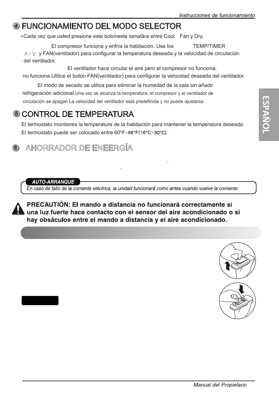 Т³гж 42, Insertar las baterías del control remoto, Consejo | Ahorrador de eneergia, Funcionamiento del modo selector, Control de temperatura | LG LW6013ER User Manual | Page 37 / 44