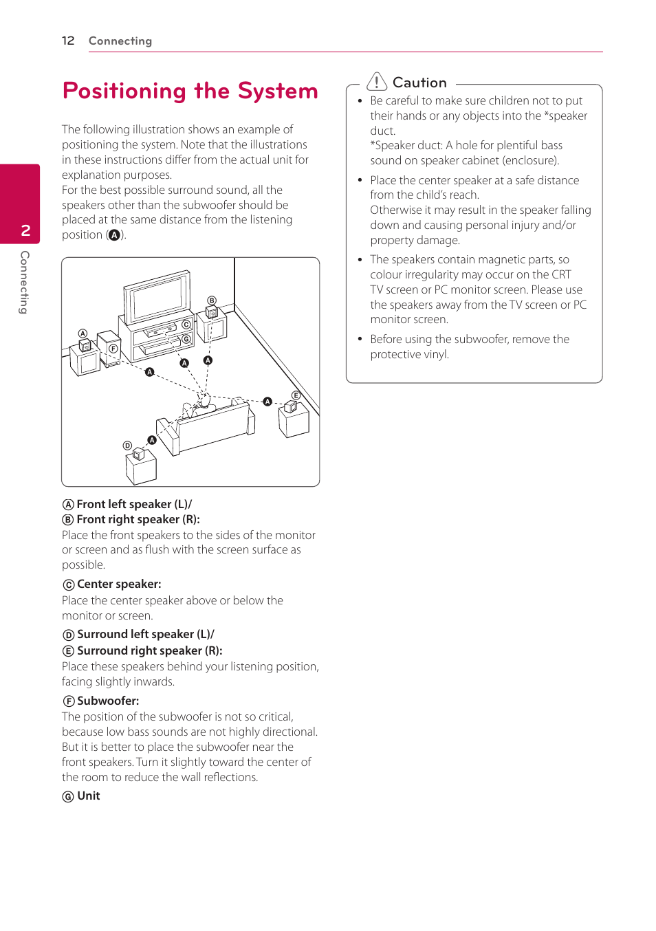 2 connecting, Positioning the system, Caution | LG BH6730S User Manual | Page 12 / 80