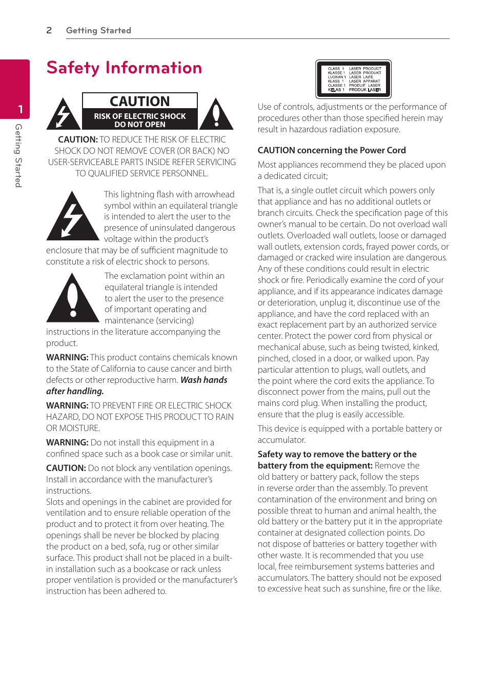 1 getting started, Safety information, Caution | LG BH6730S User Manual | Page 2 / 80